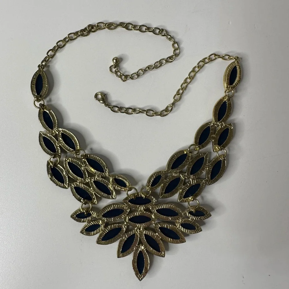 Navy Blue Marquise Rhinestone Bib Necklace Gold Tone Statement Adjustable Chain‎